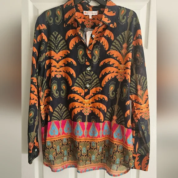 NWT Jude Connally Pru Long Sleeve Cotton Top: Decorative Frond Navy: Size- XXL - Picture 2 of 15